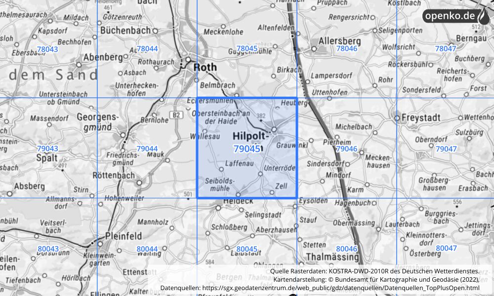 Übersichtskarte KOSTRA-DWD-2010R Rasterfeld Nr. 79045 mit angrenzenden Feldern