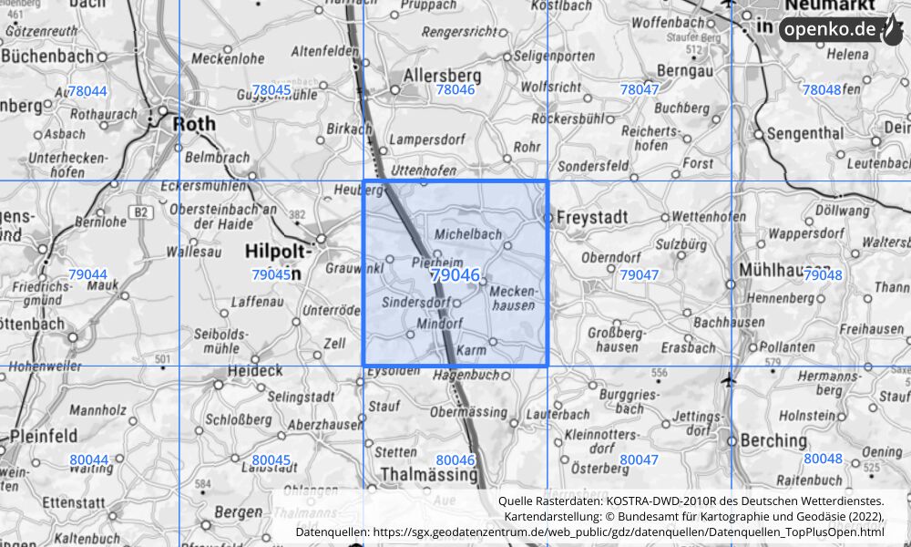 Übersichtskarte KOSTRA-DWD-2010R Rasterfeld Nr. 79046 mit angrenzenden Feldern