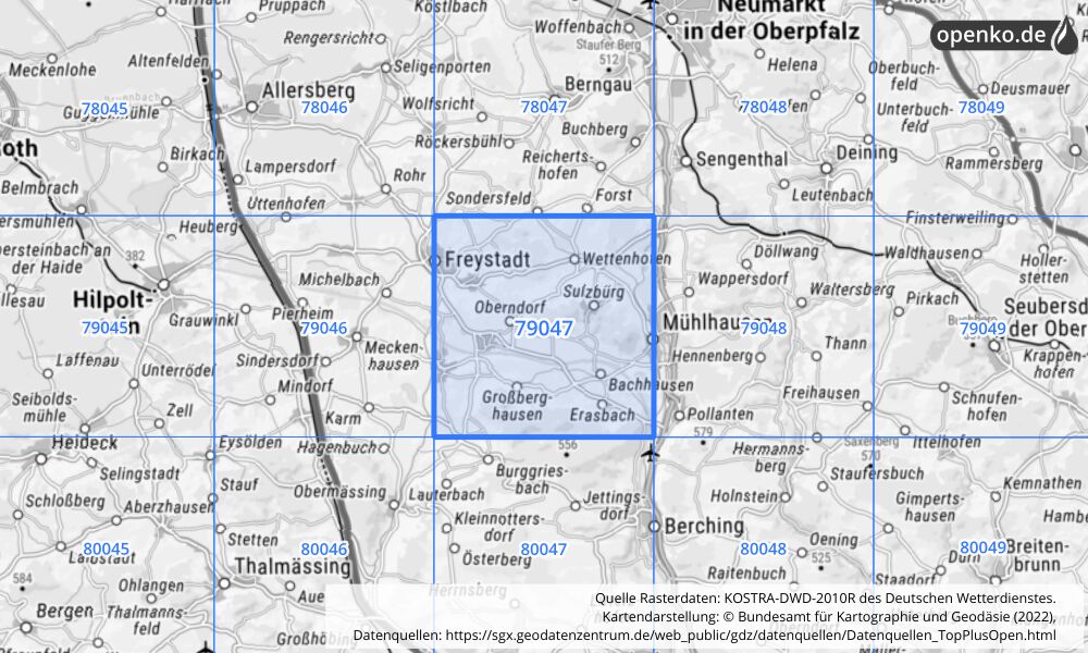 Übersichtskarte KOSTRA-DWD-2010R Rasterfeld Nr. 79047 mit angrenzenden Feldern