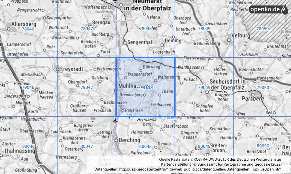 Übersichtskarte KOSTRA-DWD-2010R Rasterfeld Nr. 79048 mit angrenzenden Feldern