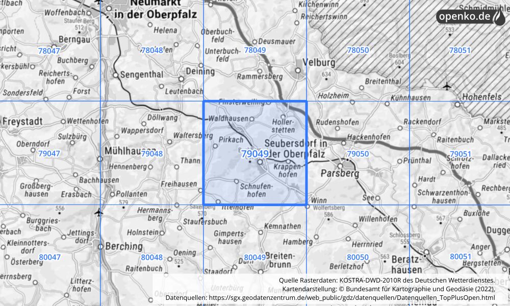 Übersichtskarte KOSTRA-DWD-2010R Rasterfeld Nr. 79049 mit angrenzenden Feldern