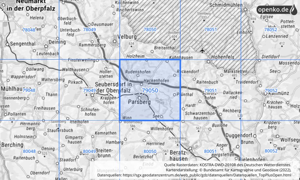 Übersichtskarte KOSTRA-DWD-2010R Rasterfeld Nr. 79050 mit angrenzenden Feldern