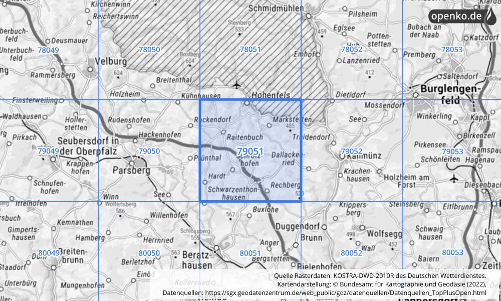 Übersichtskarte KOSTRA-DWD-2010R Rasterfeld Nr. 79051 mit angrenzenden Feldern