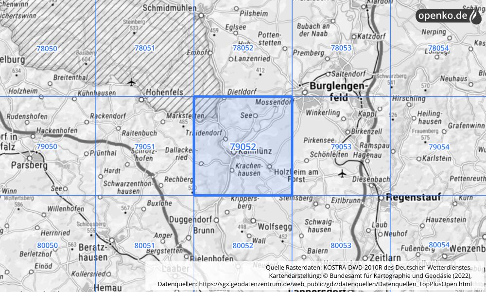 Übersichtskarte KOSTRA-DWD-2010R Rasterfeld Nr. 79052 mit angrenzenden Feldern