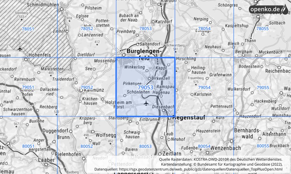 Übersichtskarte KOSTRA-DWD-2010R Rasterfeld Nr. 79053 mit angrenzenden Feldern