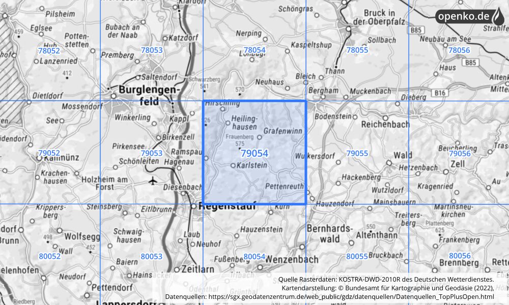 Übersichtskarte KOSTRA-DWD-2010R Rasterfeld Nr. 79054 mit angrenzenden Feldern