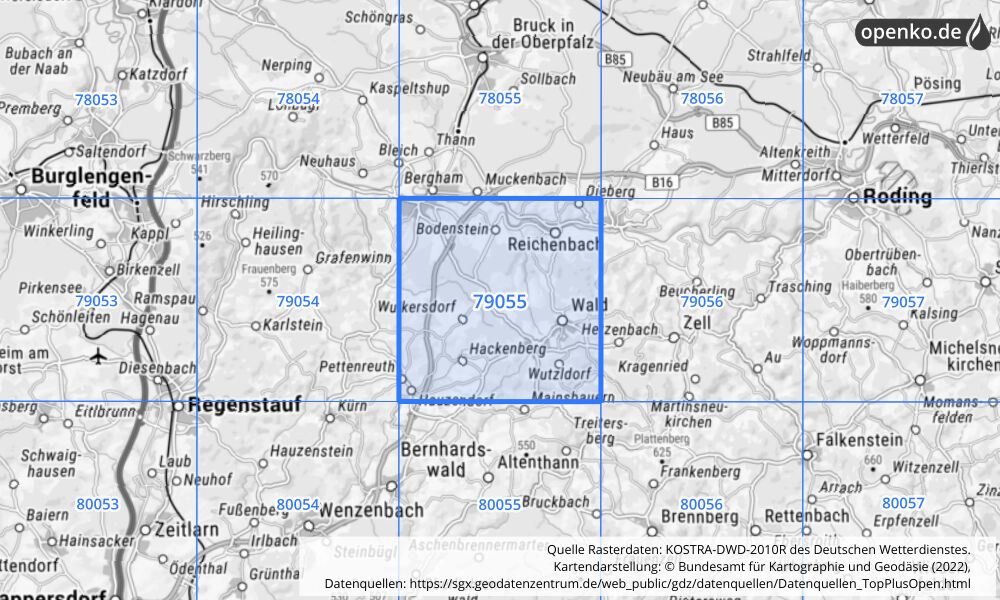 Übersichtskarte KOSTRA-DWD-2010R Rasterfeld Nr. 79055 mit angrenzenden Feldern