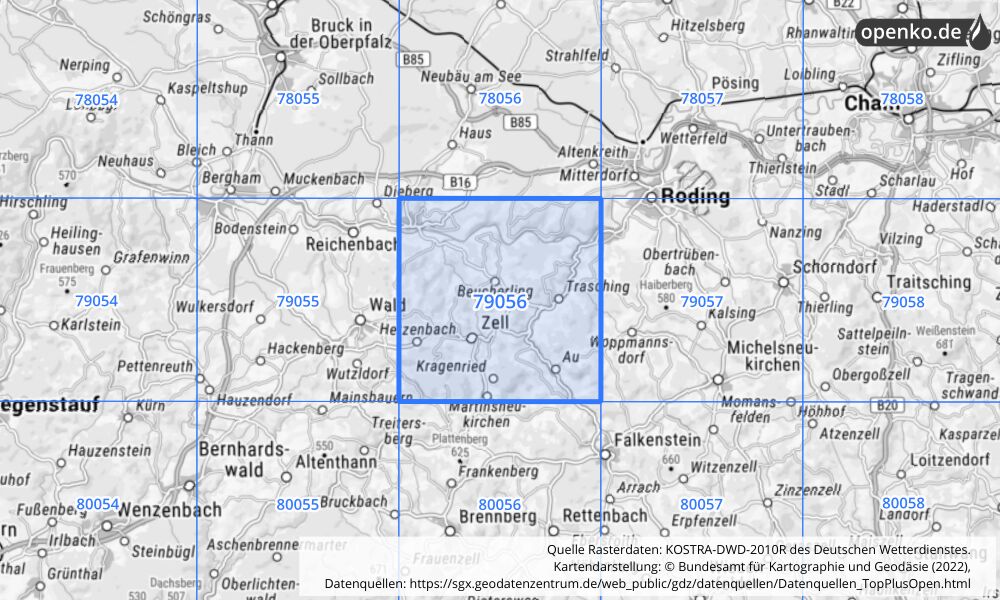 Übersichtskarte KOSTRA-DWD-2010R Rasterfeld Nr. 79056 mit angrenzenden Feldern
