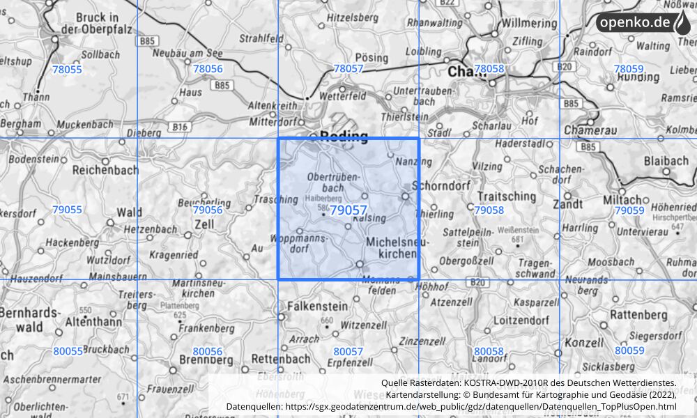 Übersichtskarte KOSTRA-DWD-2010R Rasterfeld Nr. 79057 mit angrenzenden Feldern