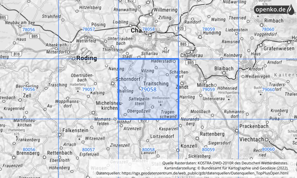 Übersichtskarte KOSTRA-DWD-2010R Rasterfeld Nr. 79058 mit angrenzenden Feldern