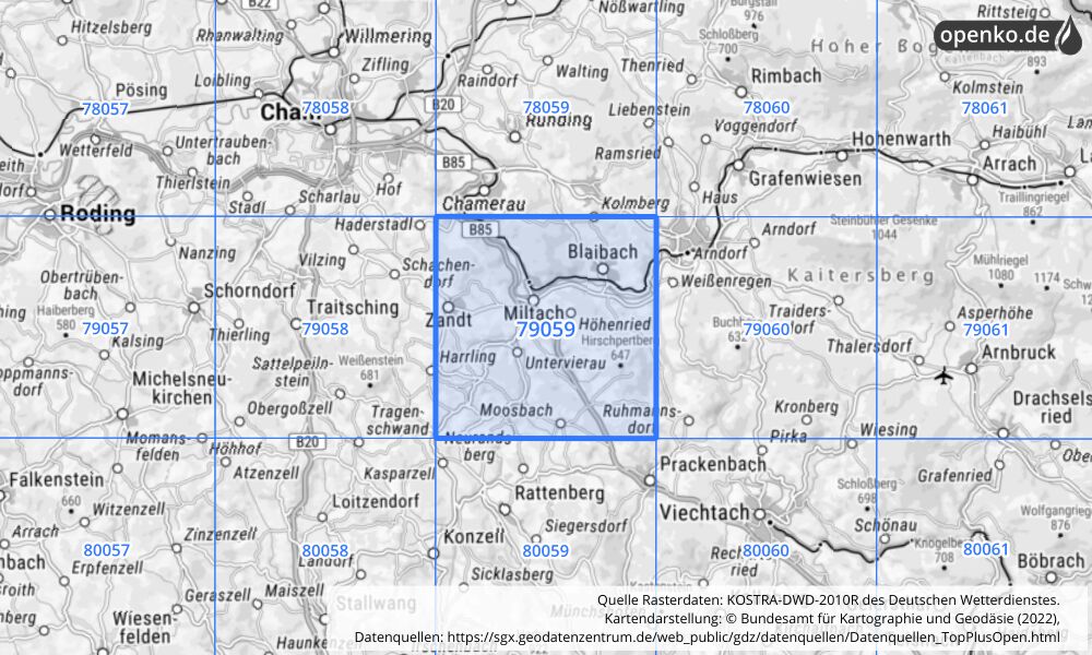 Übersichtskarte KOSTRA-DWD-2010R Rasterfeld Nr. 79059 mit angrenzenden Feldern