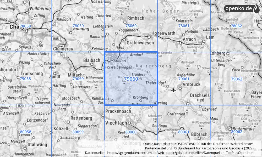 Übersichtskarte KOSTRA-DWD-2010R Rasterfeld Nr. 79060 mit angrenzenden Feldern