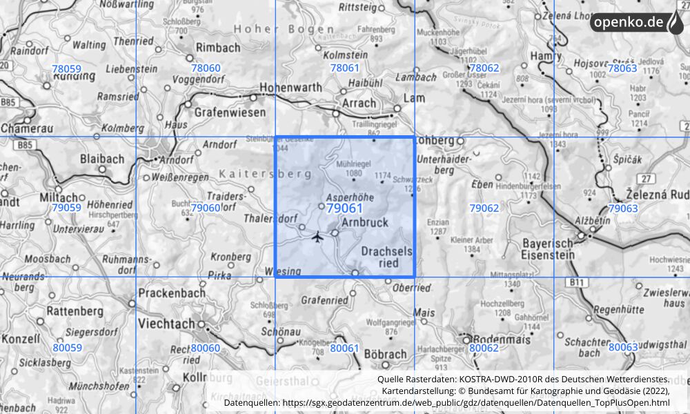 Übersichtskarte KOSTRA-DWD-2010R Rasterfeld Nr. 79061 mit angrenzenden Feldern