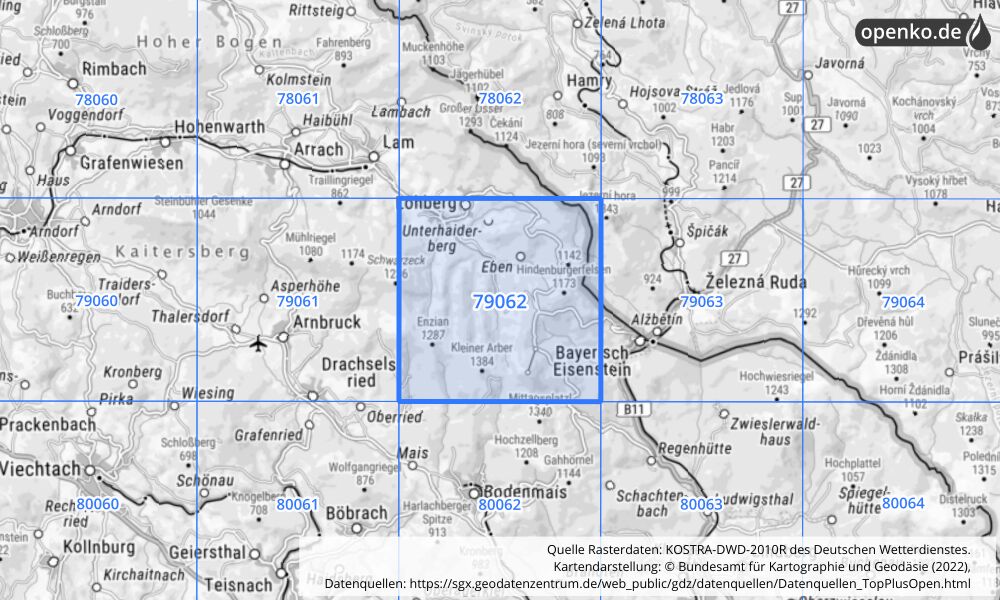 Übersichtskarte KOSTRA-DWD-2010R Rasterfeld Nr. 79062 mit angrenzenden Feldern