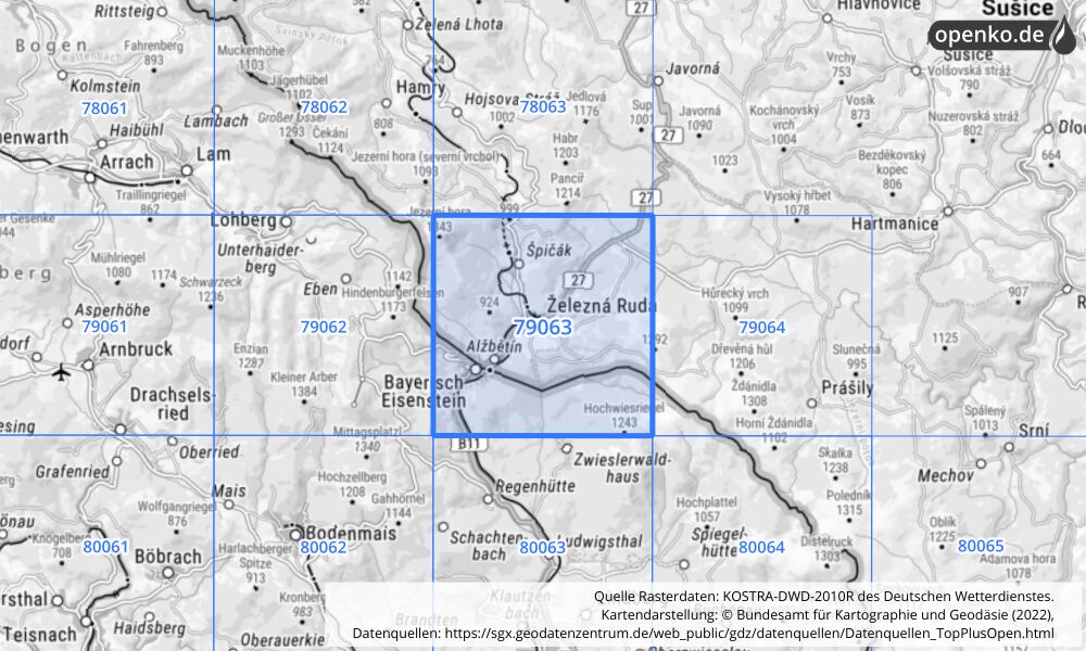 Übersichtskarte KOSTRA-DWD-2010R Rasterfeld Nr. 79063 mit angrenzenden Feldern