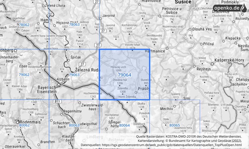 Übersichtskarte KOSTRA-DWD-2010R Rasterfeld Nr. 79064 mit angrenzenden Feldern