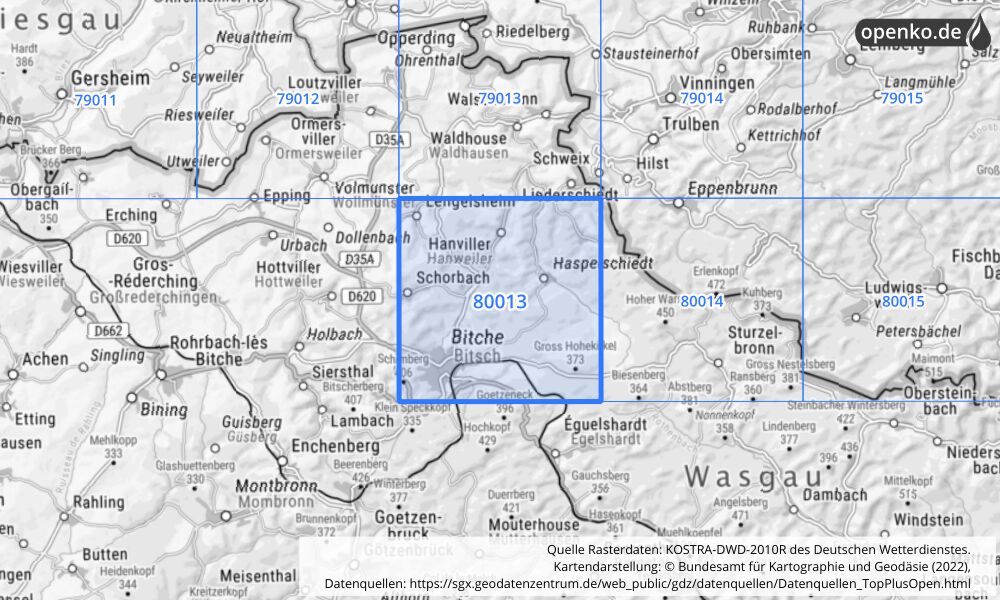 Übersichtskarte KOSTRA-DWD-2010R Rasterfeld Nr. 80013 mit angrenzenden Feldern