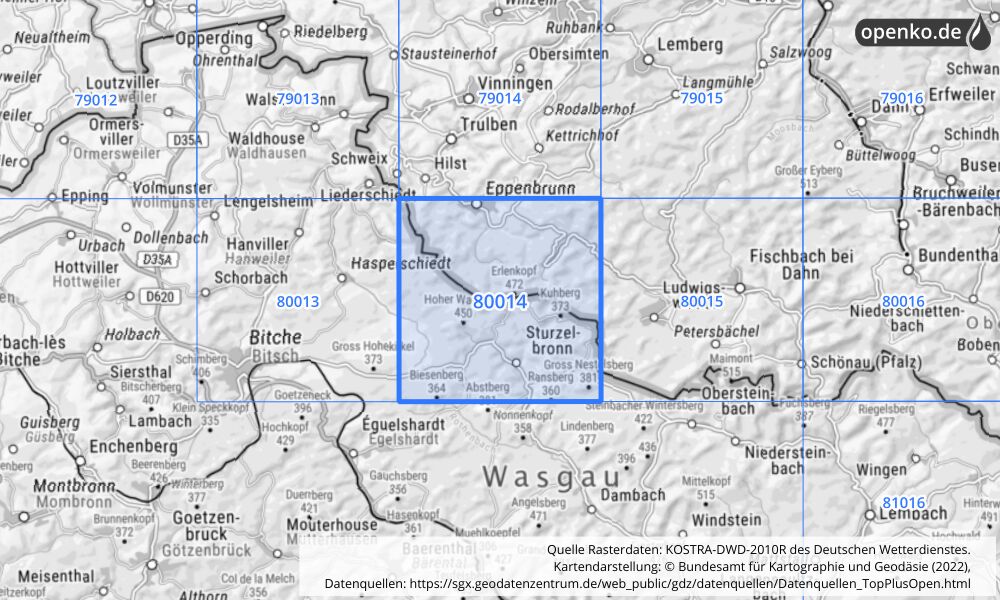 Übersichtskarte KOSTRA-DWD-2010R Rasterfeld Nr. 80014 mit angrenzenden Feldern