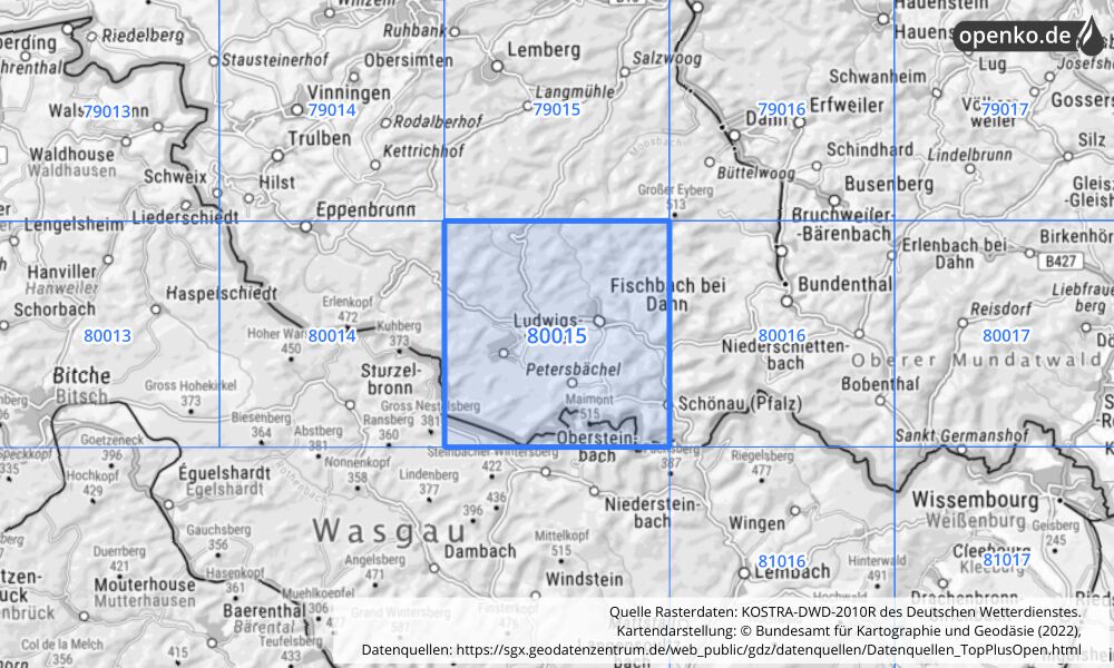 Übersichtskarte KOSTRA-DWD-2010R Rasterfeld Nr. 80015 mit angrenzenden Feldern