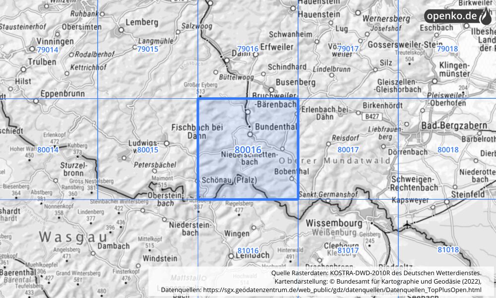 Übersichtskarte KOSTRA-DWD-2010R Rasterfeld Nr. 80016 mit angrenzenden Feldern