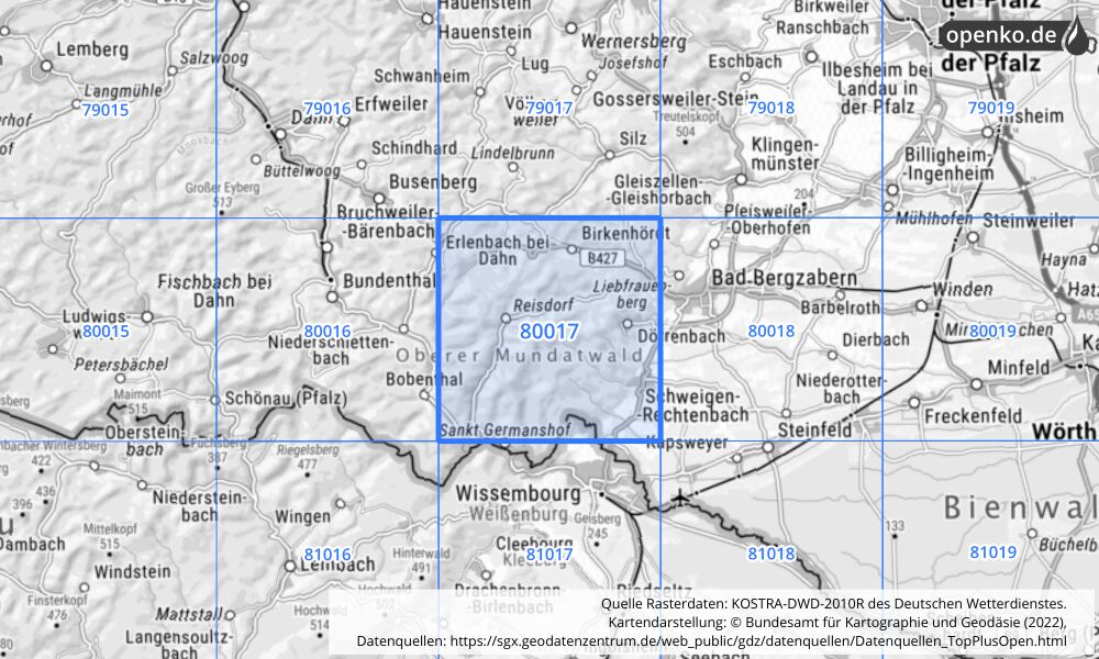 Übersichtskarte KOSTRA-DWD-2010R Rasterfeld Nr. 80017 mit angrenzenden Feldern