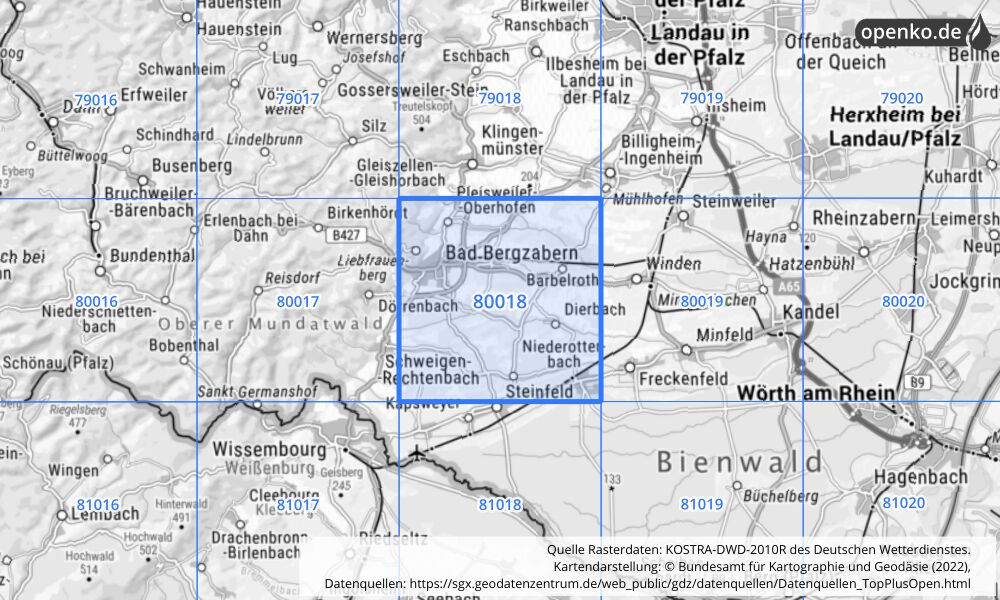 Übersichtskarte KOSTRA-DWD-2010R Rasterfeld Nr. 80018 mit angrenzenden Feldern