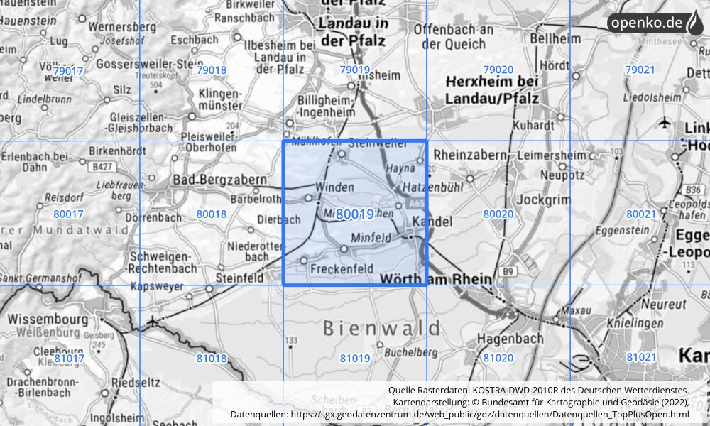 Übersichtskarte KOSTRA-DWD-2010R Rasterfeld Nr. 80019 mit angrenzenden Feldern