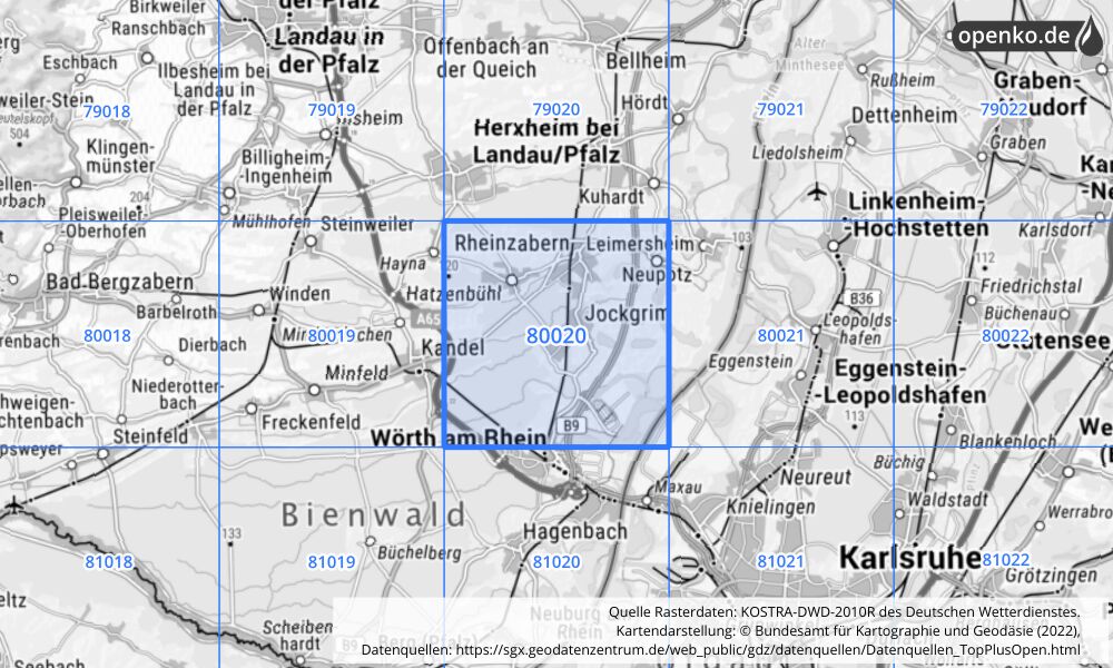 Übersichtskarte KOSTRA-DWD-2010R Rasterfeld Nr. 80020 mit angrenzenden Feldern