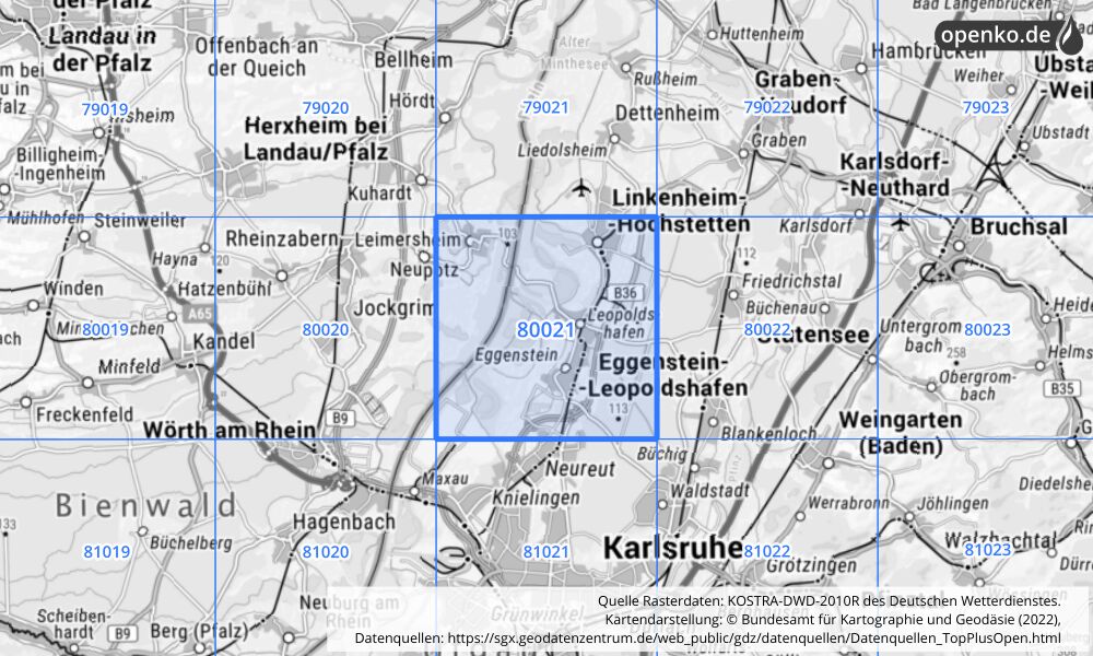 Übersichtskarte KOSTRA-DWD-2010R Rasterfeld Nr. 80021 mit angrenzenden Feldern