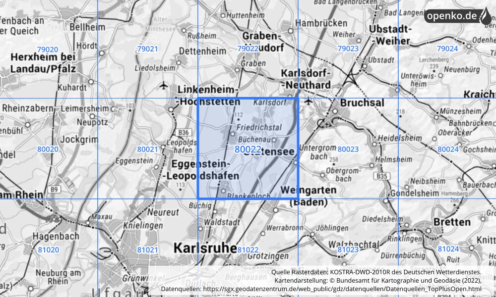 Übersichtskarte KOSTRA-DWD-2010R Rasterfeld Nr. 80022 mit angrenzenden Feldern