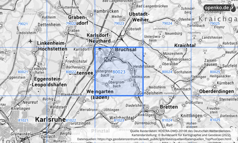 Übersichtskarte KOSTRA-DWD-2010R Rasterfeld Nr. 80023 mit angrenzenden Feldern