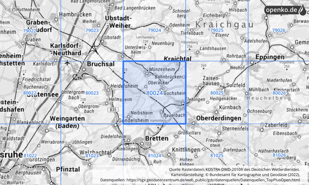 Übersichtskarte KOSTRA-DWD-2010R Rasterfeld Nr. 80024 mit angrenzenden Feldern