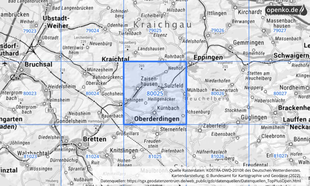 Übersichtskarte KOSTRA-DWD-2010R Rasterfeld Nr. 80025 mit angrenzenden Feldern