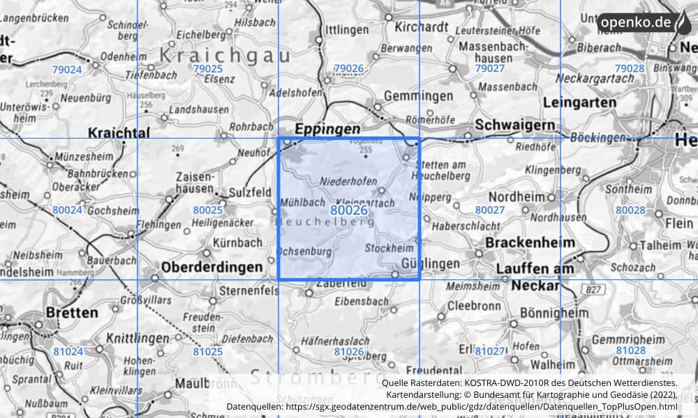 Übersichtskarte KOSTRA-DWD-2010R Rasterfeld Nr. 80026 mit angrenzenden Feldern