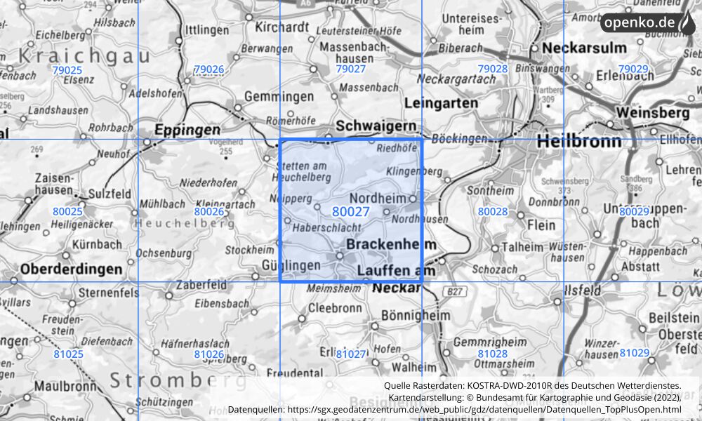 Übersichtskarte KOSTRA-DWD-2010R Rasterfeld Nr. 80027 mit angrenzenden Feldern