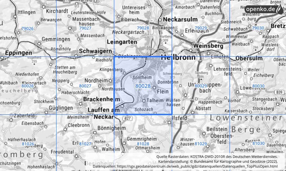 Übersichtskarte KOSTRA-DWD-2010R Rasterfeld Nr. 80028 mit angrenzenden Feldern