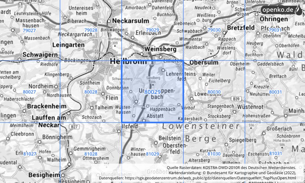 Übersichtskarte KOSTRA-DWD-2010R Rasterfeld Nr. 80029 mit angrenzenden Feldern