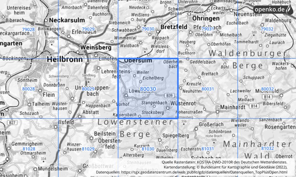 Übersichtskarte KOSTRA-DWD-2010R Rasterfeld Nr. 80030 mit angrenzenden Feldern