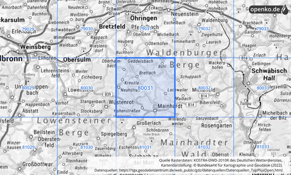 Übersichtskarte KOSTRA-DWD-2010R Rasterfeld Nr. 80031 mit angrenzenden Feldern