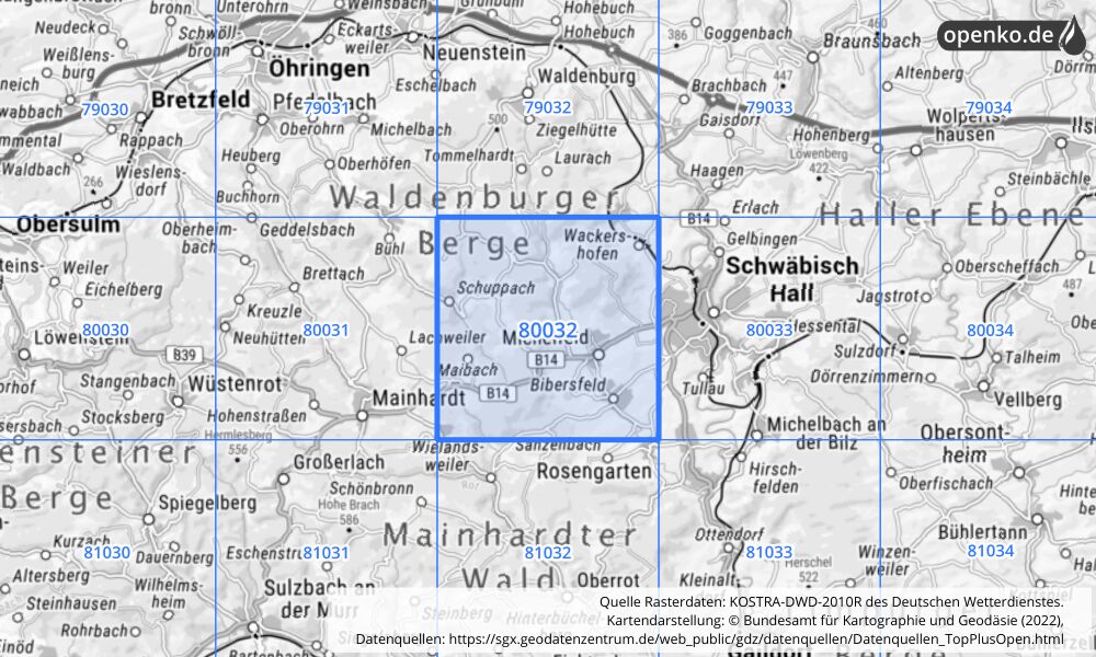 Übersichtskarte KOSTRA-DWD-2010R Rasterfeld Nr. 80032 mit angrenzenden Feldern