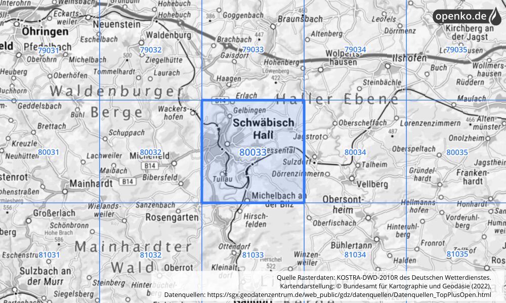 Übersichtskarte KOSTRA-DWD-2010R Rasterfeld Nr. 80033 mit angrenzenden Feldern