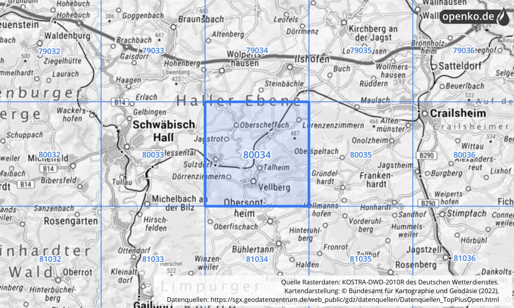Übersichtskarte KOSTRA-DWD-2010R Rasterfeld Nr. 80034 mit angrenzenden Feldern