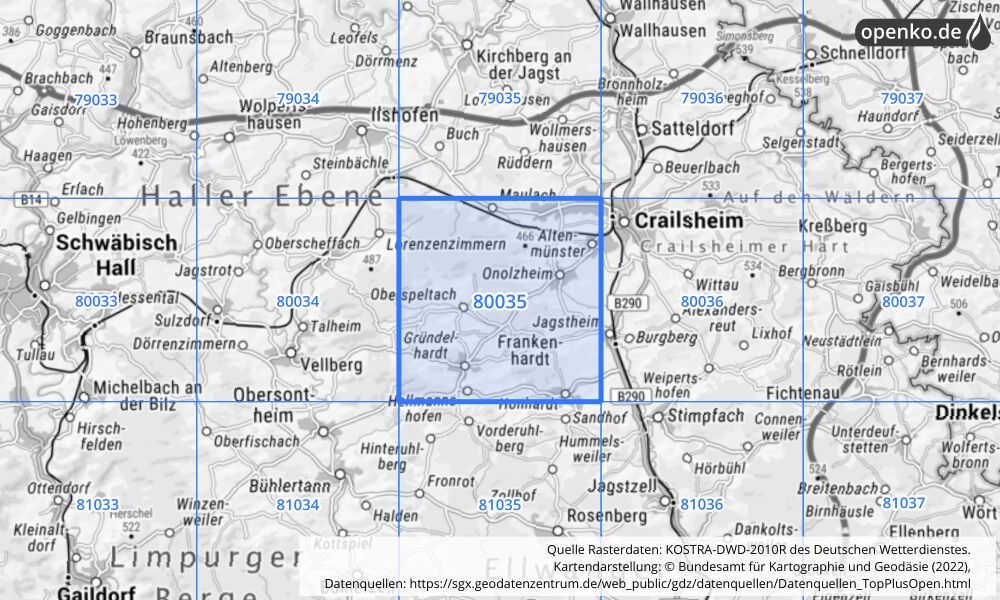 Übersichtskarte KOSTRA-DWD-2010R Rasterfeld Nr. 80035 mit angrenzenden Feldern