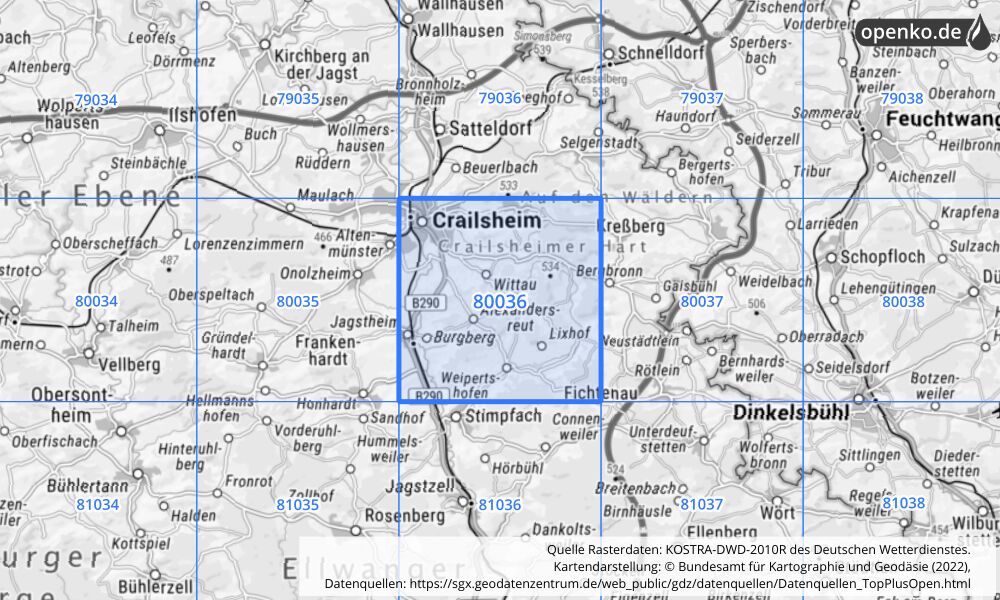 Übersichtskarte KOSTRA-DWD-2010R Rasterfeld Nr. 80036 mit angrenzenden Feldern