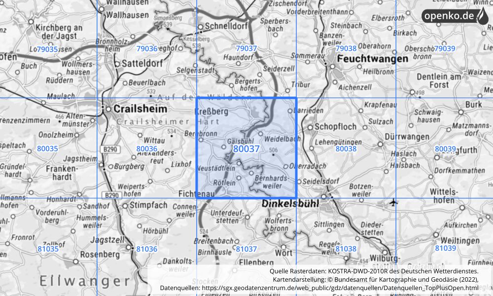 Übersichtskarte KOSTRA-DWD-2010R Rasterfeld Nr. 80037 mit angrenzenden Feldern