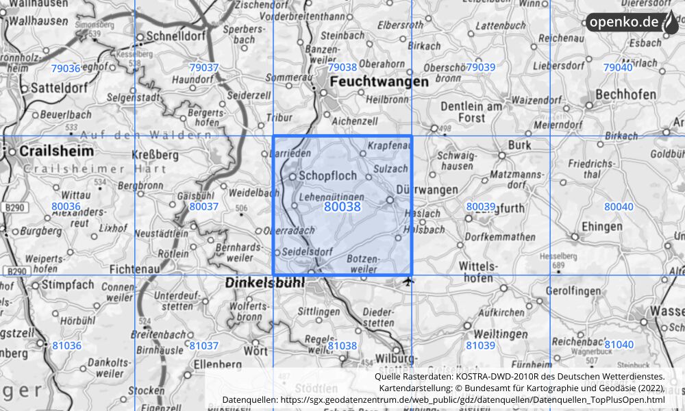 Übersichtskarte KOSTRA-DWD-2010R Rasterfeld Nr. 80038 mit angrenzenden Feldern