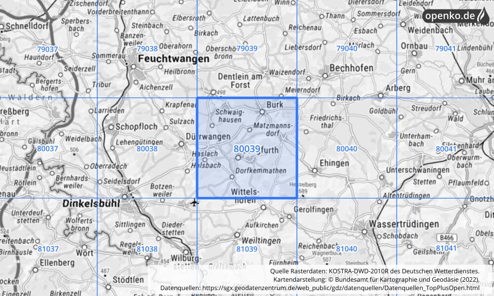 Übersichtskarte KOSTRA-DWD-2010R Rasterfeld Nr. 80039 mit angrenzenden Feldern