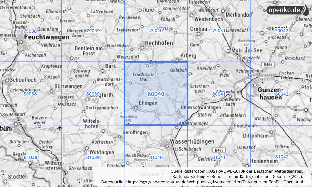 Übersichtskarte KOSTRA-DWD-2010R Rasterfeld Nr. 80040 mit angrenzenden Feldern