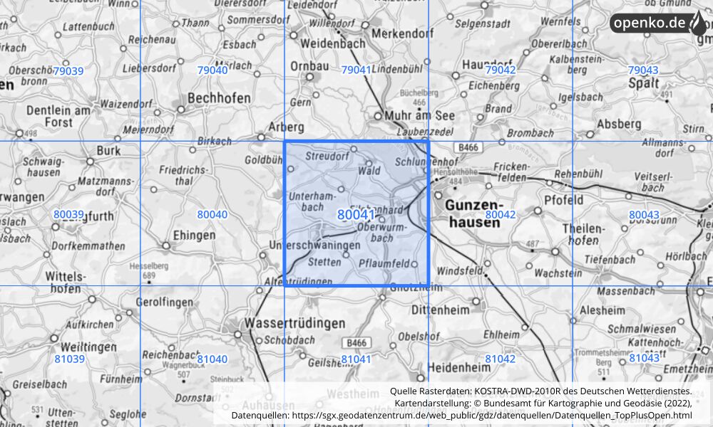 Übersichtskarte KOSTRA-DWD-2010R Rasterfeld Nr. 80041 mit angrenzenden Feldern