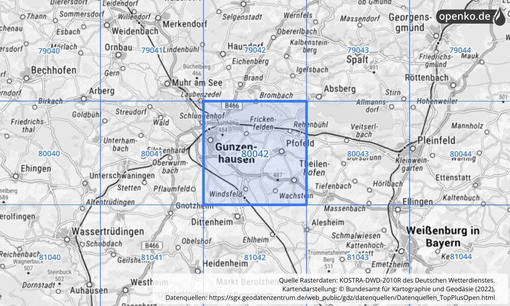 Übersichtskarte KOSTRA-DWD-2010R Rasterfeld Nr. 80042 mit angrenzenden Feldern